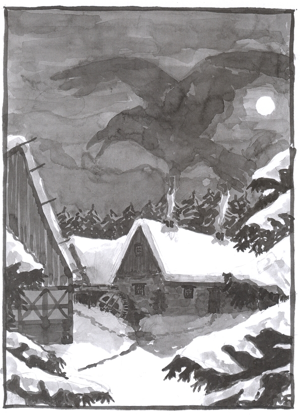 A washed ink drawing of a watermill in the snow.