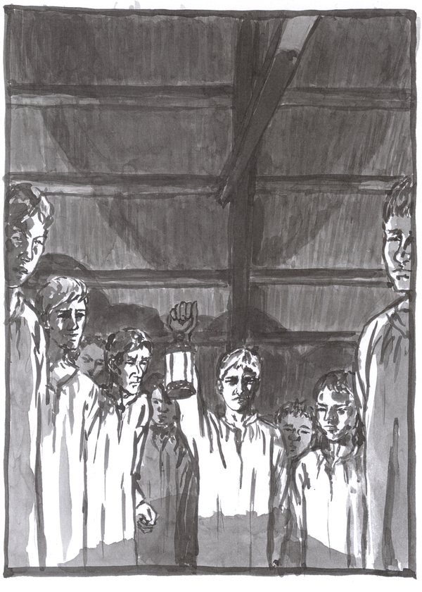 A washed ink drawing of the apprentices surrounding Krabat's bed.
