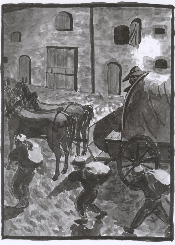 A washed ink drawing of the mill yard with the cart and the man with the cockerel feather.