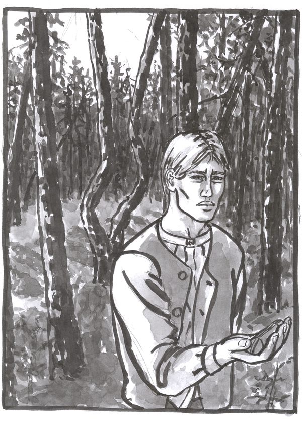 A washed ink drawing of of a young man with white hair in a ponytail, standing in a forest, holding out a closed knife.