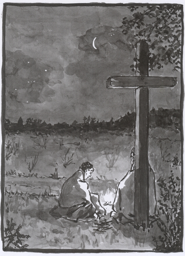 A washed ink drawing showing a night scene, a tall cross and two figures seated, wrapped in blankets, with a small fire. In the distance the lights of the village.