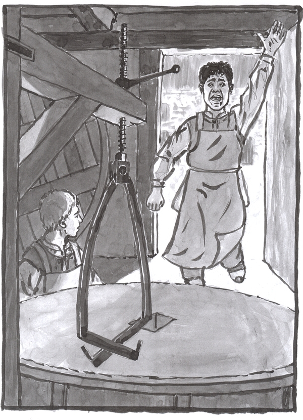A washed ink drawing of a boy running into a room where another boy is working on a millstone.