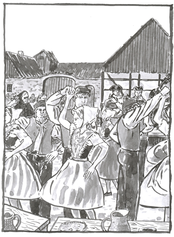 A washed ink drawing of a crowd of couples in traditional Sorb dress dancing.