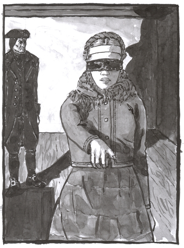 A washed ink drawing of a blindfolded girl in dark clothes, with a headscarf and a white band around her forehead, pointing at someone in front of her. Behind her stands a man dressed in black 18th century formal clothes.