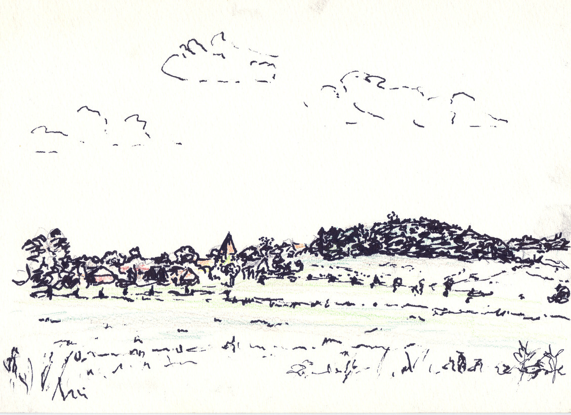 An ink drawing of a landscape with a village and a low hill.