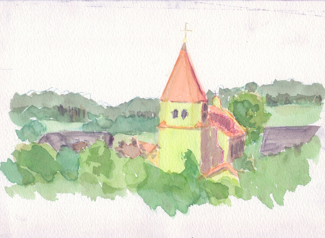 A watercolour painting of a church with green walls and an orange-red roof.