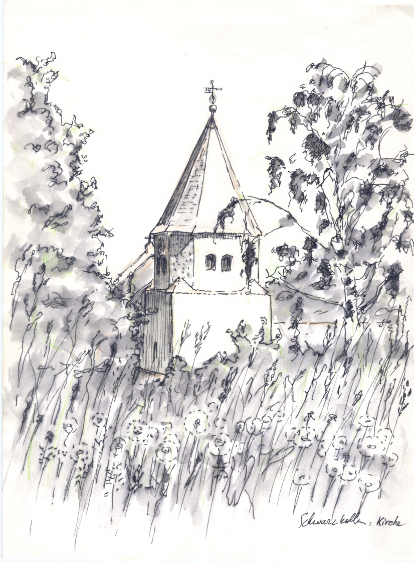 A washed ink drawing of a church.