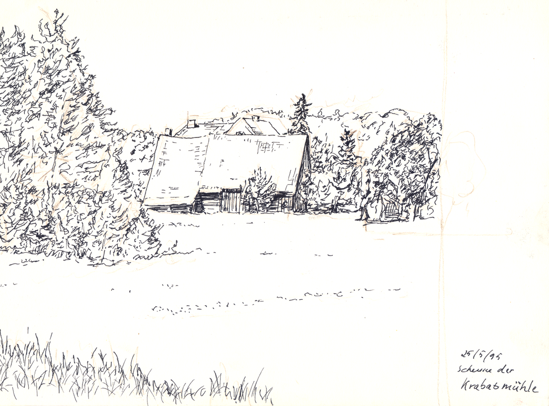 An ink drawing of an old barn at the edge of a forest.
